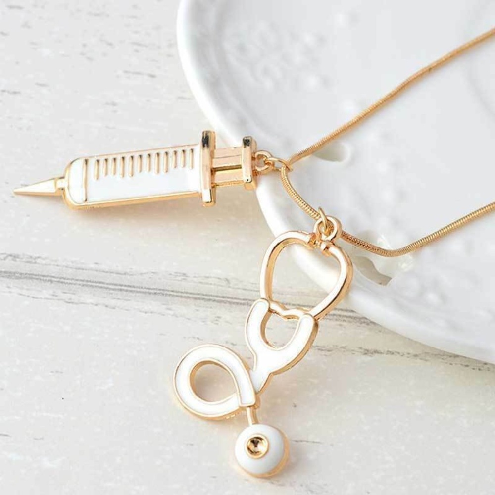 Medical Stethoscope Charm Pendant Necklace Needle Syringe Gold Nurse Doctor Gift